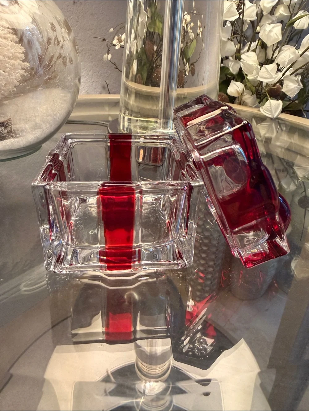 Godinger Crystal Glass Present Trinket Box Red Bow Holiday Decor GUC
